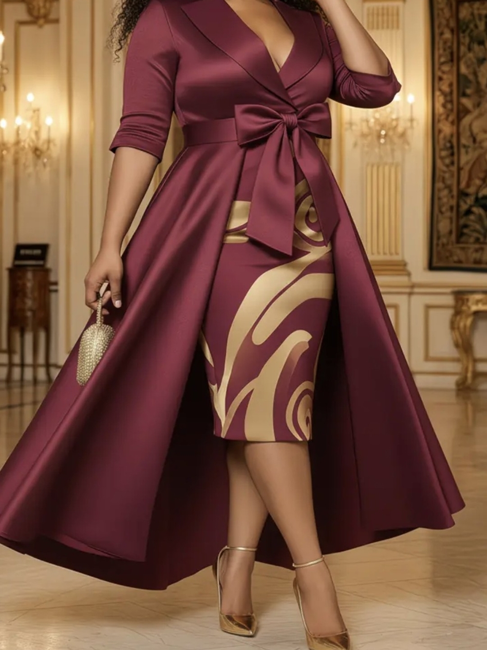 Elegant Burgundy Two-Piece Dress with Gold Accents